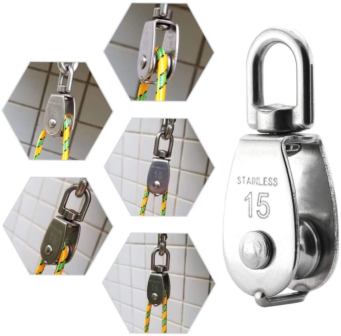 Proberos Magideal 4 Piece M15 Heavy Duty Single Wheel Swivel Rigging Lifting Rope Pulley Block (Silver, Set of 4) Proberos Magideal 4 Piece M15 Heavy Duty Single Wheel Swivel Rigging Lifting Rope Pulley Block (Silver, Set of 4)